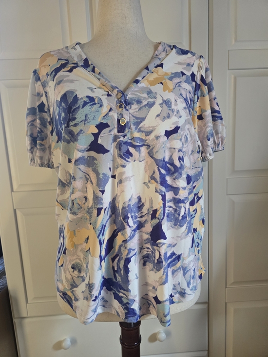 rio & rian Tops - Watercolor Floral V-Neck Blouse in Blue and Cream